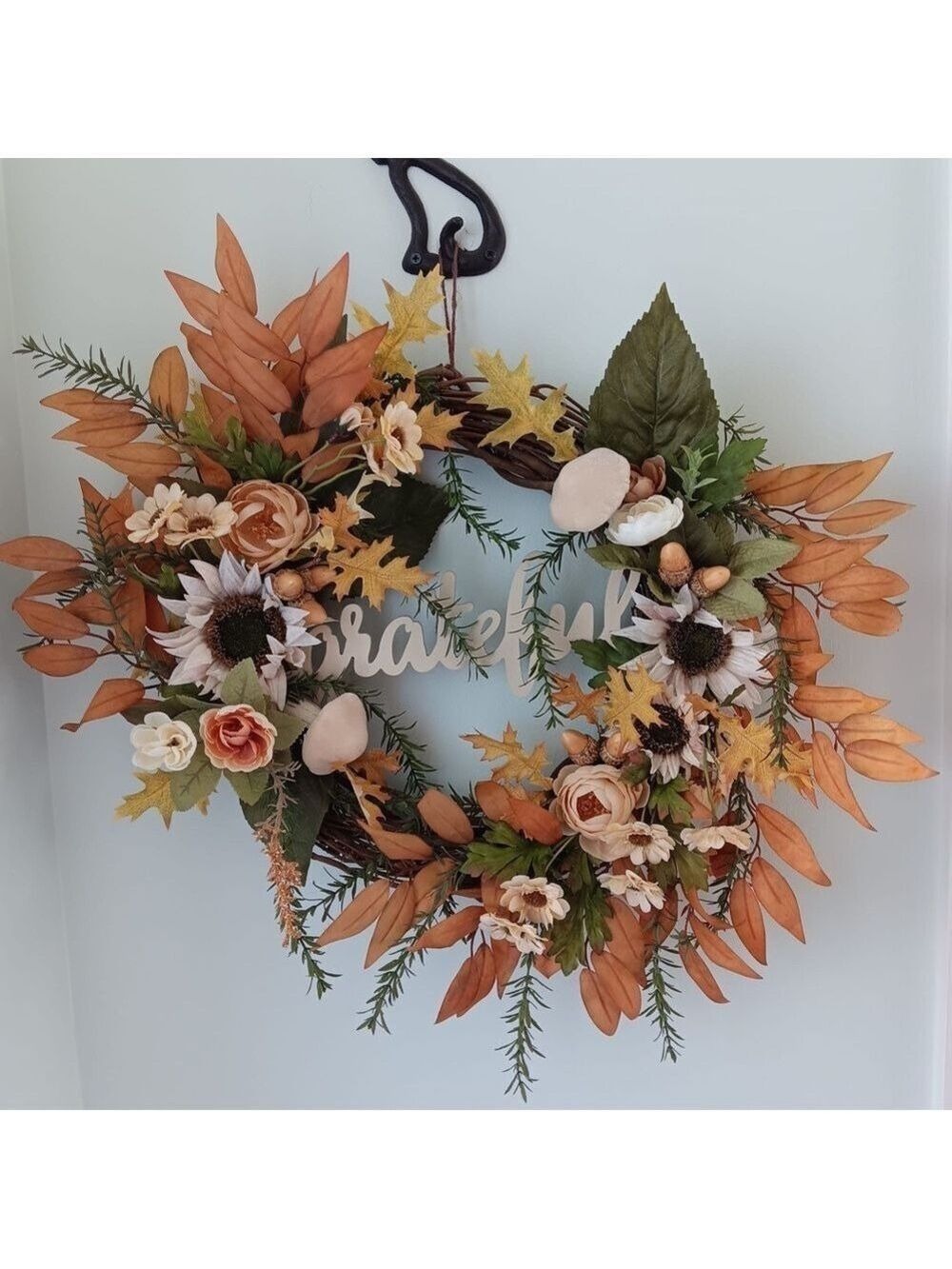 Wreath Flippers Handcrafted 14" Farmhouse "Grateful" Sunflower Wreath